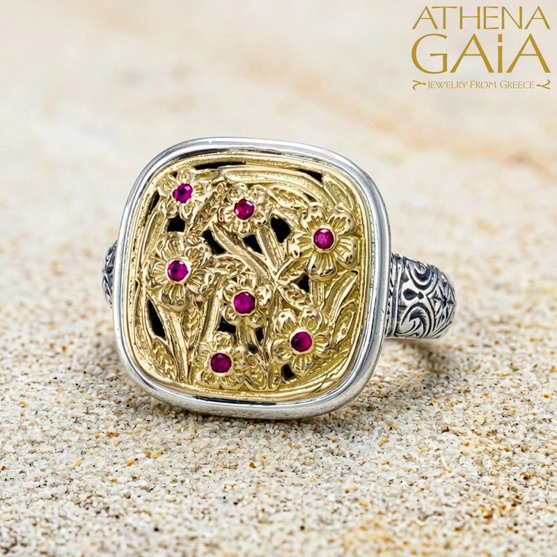 Harmony Square with Rubies Ring - 18k Gold & Sterling Silver Ring - Signet