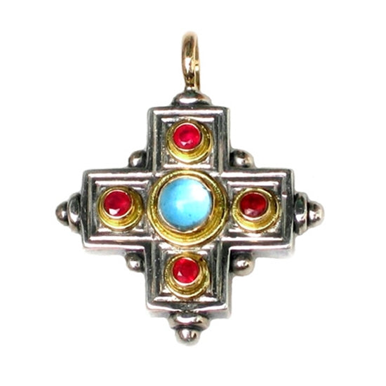 Rustic Five Stone Cross (Large) - 18K Gold & Sterling Silver - Greek Cross Necklace