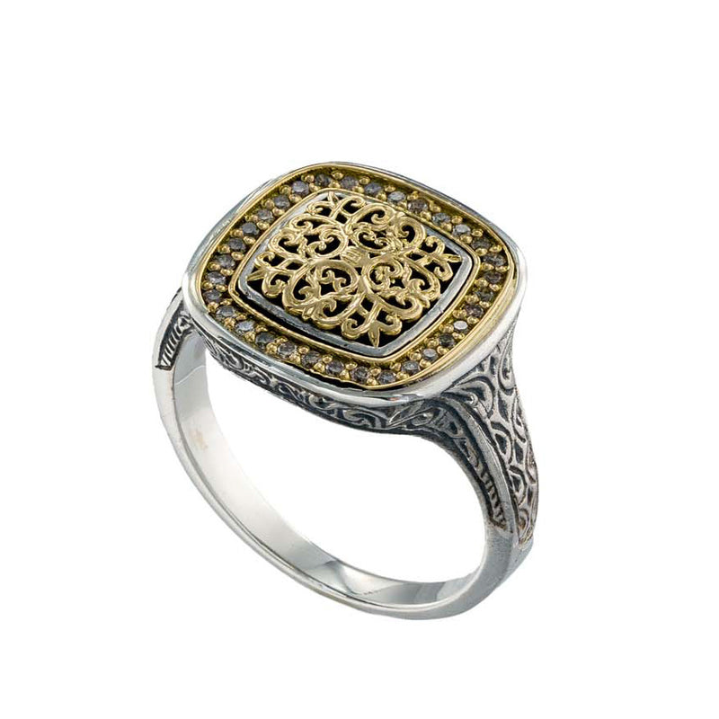 Kosmos Square Ring - 18k Gold & Sterling Silver Ring - Signet Ring