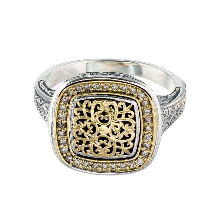 Kosmos Square Ring - 18k Gold & Sterling Silver Ring - Signet Ring