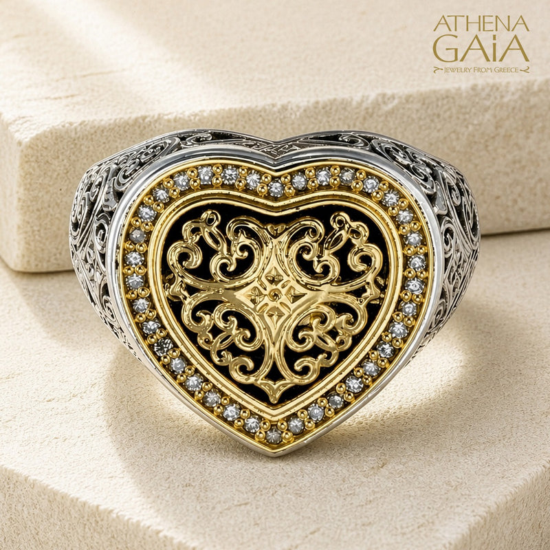 Kosmos Heart Ring - 18k Gold & Sterling Silver Ring - Signet Ring