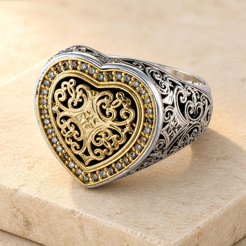 Kosmos Heart Ring - 18k Gold & Sterling Silver Ring - Signet Ring