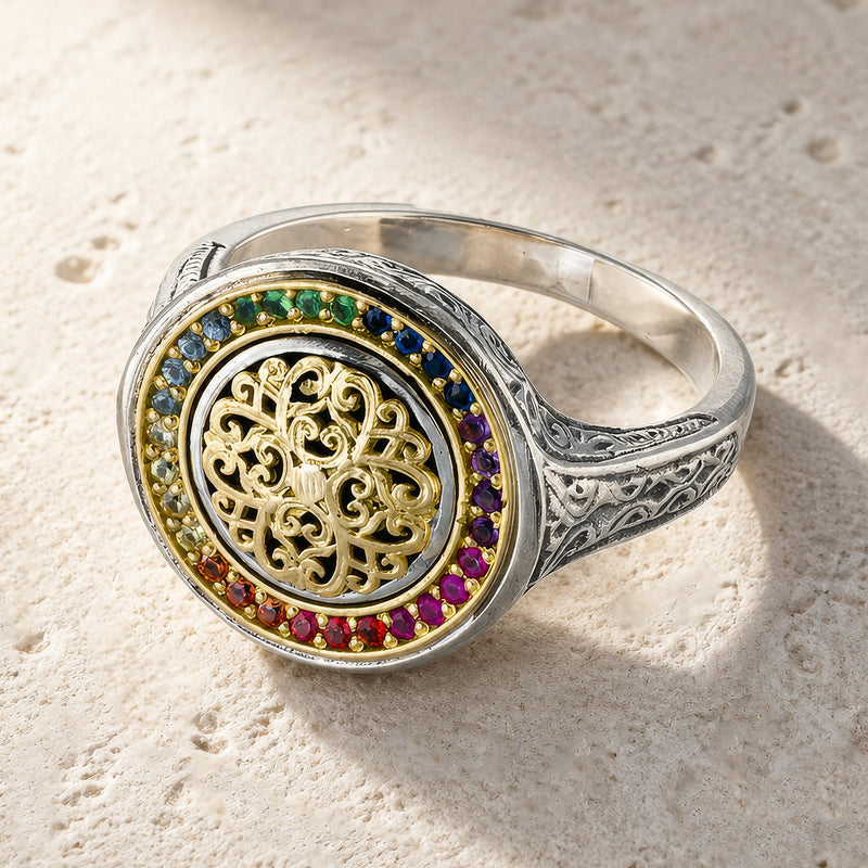 Kosmos Round Ring - 18k Gold & Sterling Silver Ring - Signet Ring
