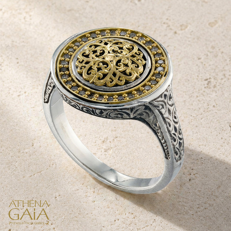 Kosmos Round Ring - 18k Gold & Sterling Silver Ring - Signet Ring