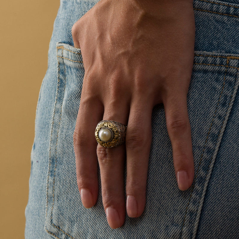 Santorini Gold and Silver Pearl Ring - 18k Gold & Sterling Silver Ring - Club Ring