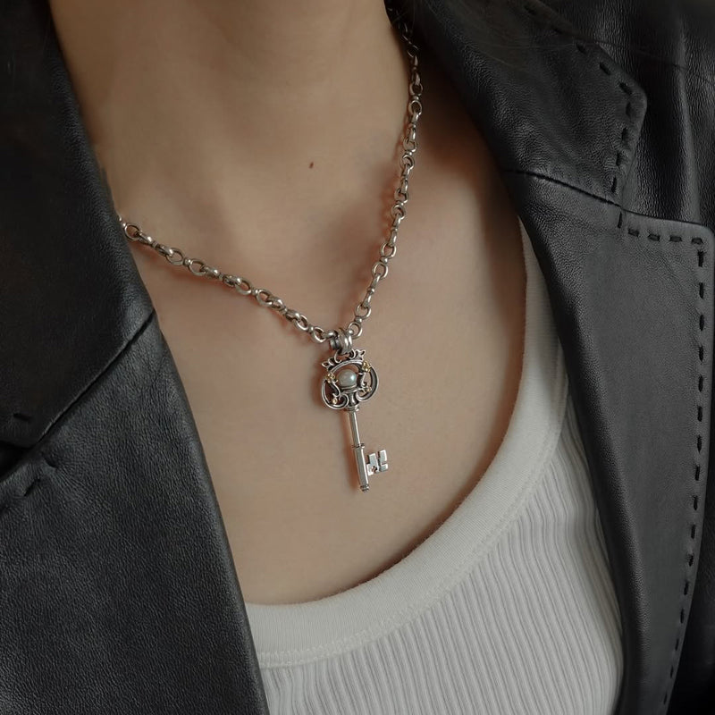 Pearl Key Pendant - 18k Gold & Sterling Silver