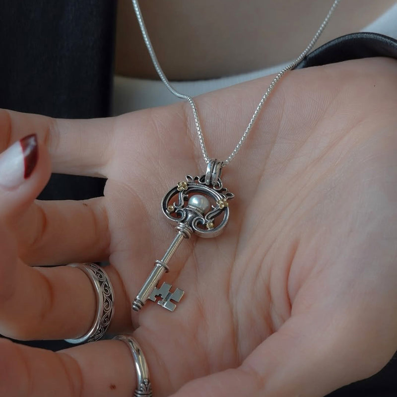 Pearl Key Pendant - 18k Gold & Sterling Silver