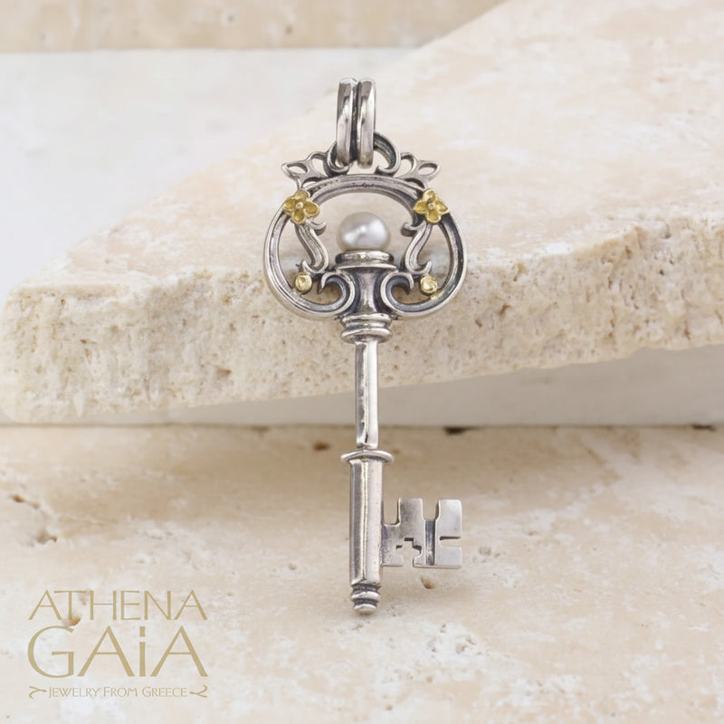 Pearl Key Pendant - 18k Gold & Sterling Silver