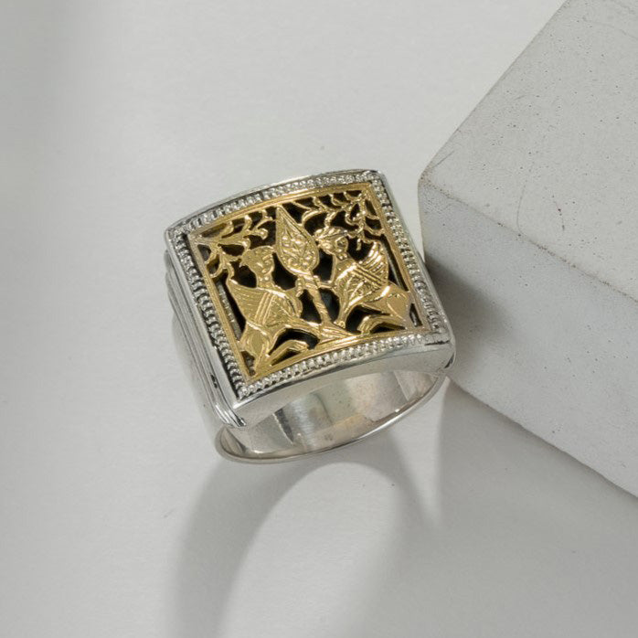 Monastiraki Church Gryphon Ring - 18k Gold & Sterling Silver Ring - Signet Ring