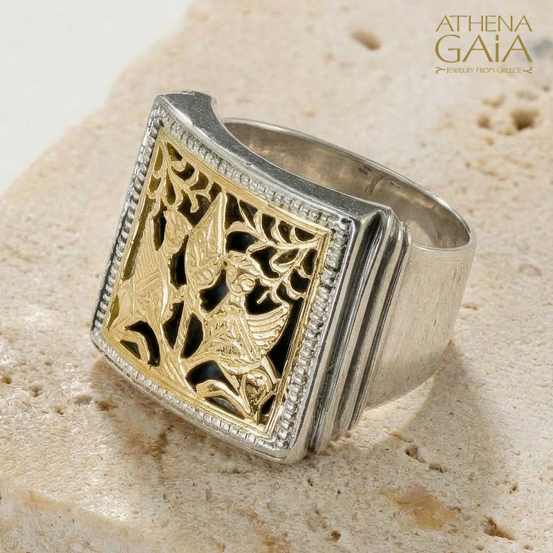 Monastiraki Church Gryphon Ring - 18k Gold & Sterling Silver Ring - Signet Ring
