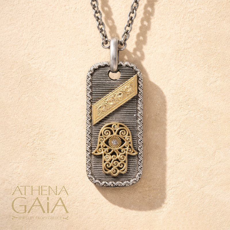 Tablet Hamsa Pendant - 18k Gold & Sterling Silver - Talisman