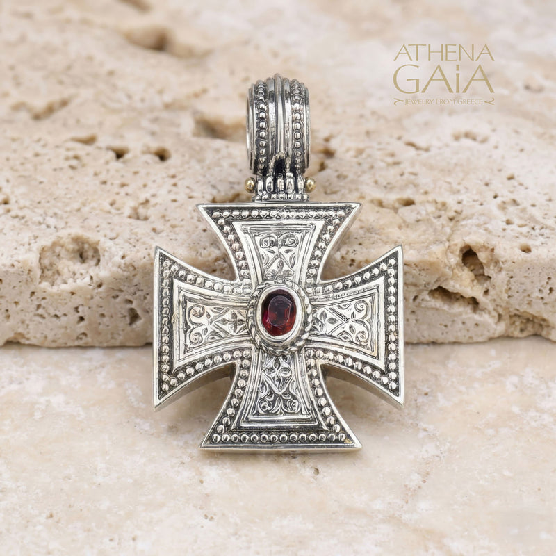 Maltese Cross with Stone - Sterling Silver - Cross Necklace
