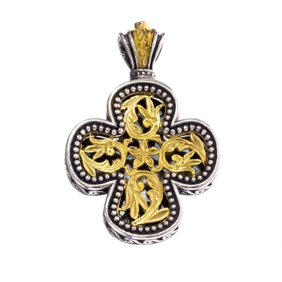 Floral Expanding Greek Cross - 18k Gold & Sterling Silver - Orthodox Cross Necklace