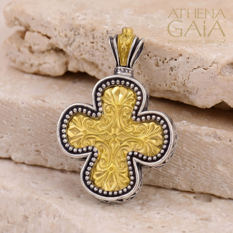 Etched Expanding Greek Cross - Gold Plated Sterling Silver - Orthodox Cross Necklace