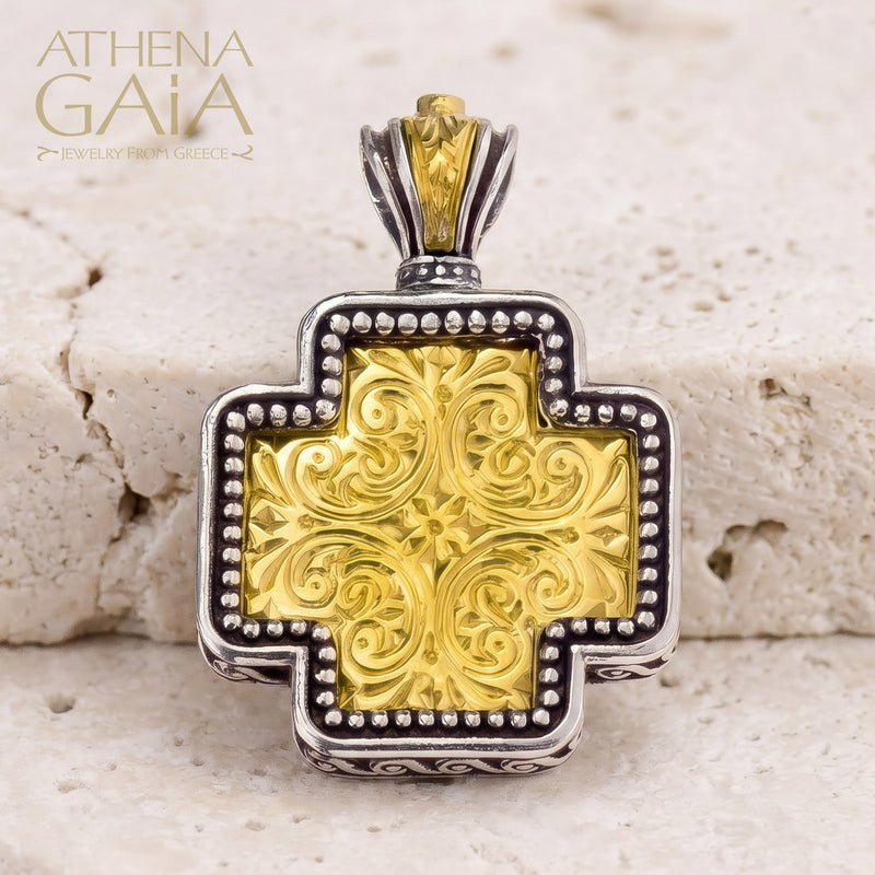 Etched Squared Greek Cross - Gold Plated Sterling Silver - Orthodox Cross Necklace