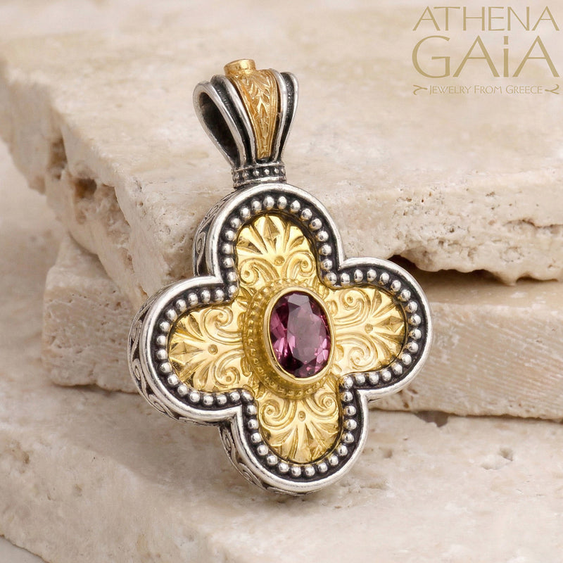 Etched Rounded Greek Cross - Gold Plated Sterling Silver with Center Stone - Orthodox Cross Necklace