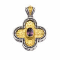 Etched Rounded Greek Cross - Gold Plated Sterling Silver with Center Stone - Orthodox Cross Necklace