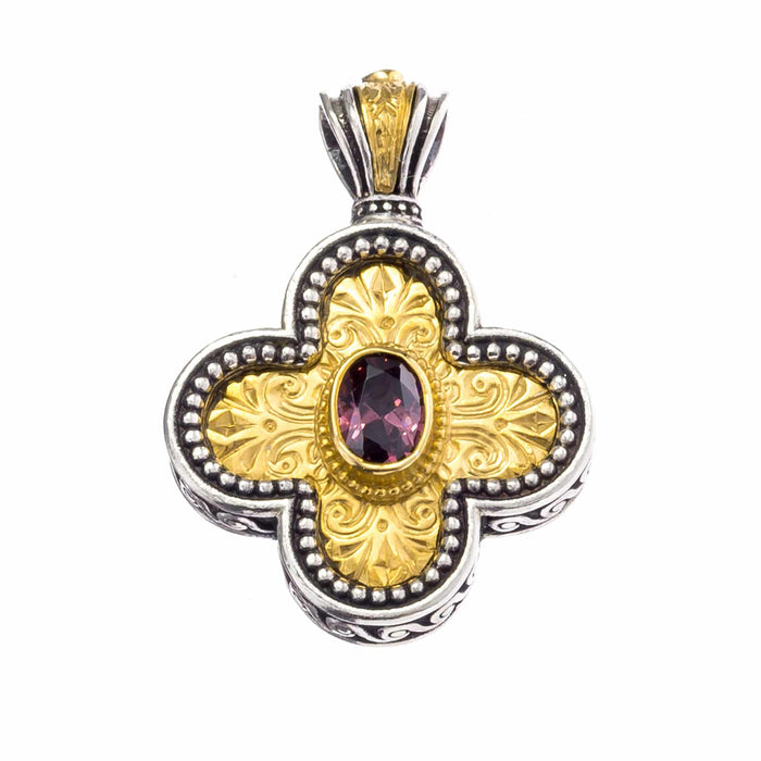 Etched Rounded Greek Cross - Gold Plated Sterling Silver with Center Stone - Orthodox Cross Necklace
