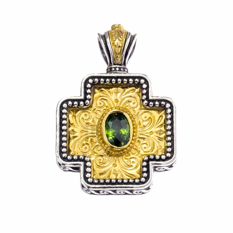 Etched Squared Greek Cross - Gold Plated Sterling Silver with Center Stone - Orthodox Cross Necklace