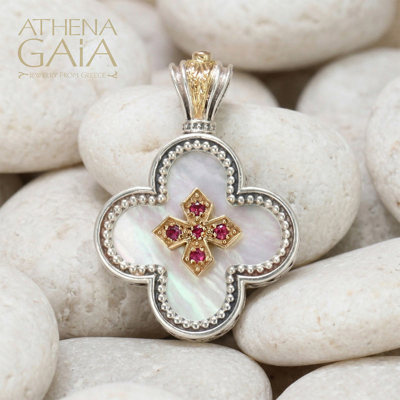 Mother of Pearl Rounded Greek Cross - Gold Plated Sterling Silver - Orthodox Cross Necklace