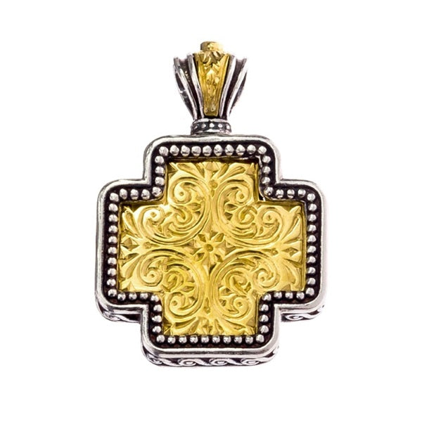 Etched Squared Greek Cross - Gold Plated Sterling Silver - Orthodox Cross Necklace