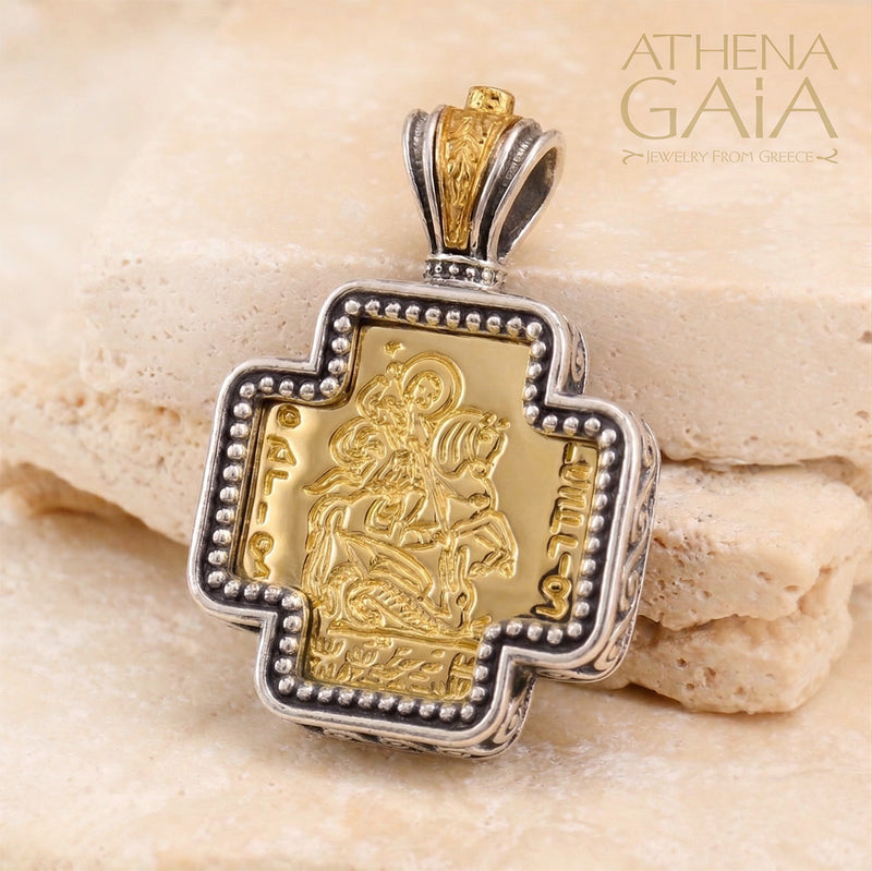 Saint George Squared Greek Cross - Gold Plated & Sterling Silver - Orthodox Cross Necklace
