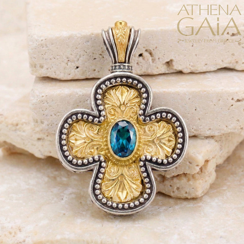 Etched Expanding Greek Cross - Gold Plated Sterling Silver with Center Stone - Orthodox Cross Necklace
