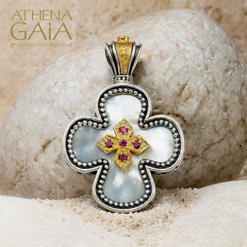 Mother of Pearl Expanding Greek Cross - Gold Plated Sterling Silver - Orthodox Cross Necklace