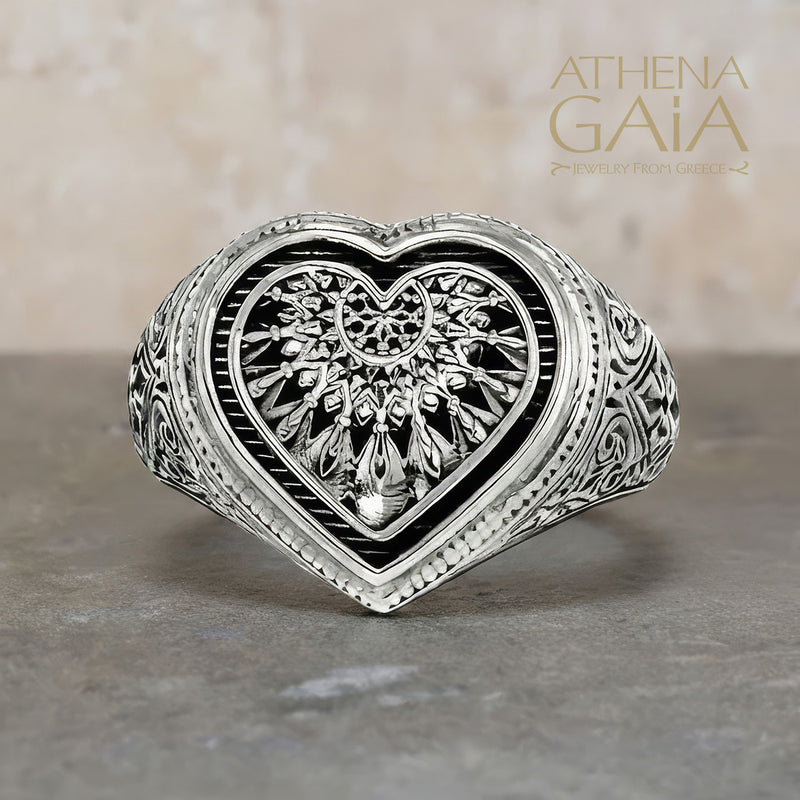 Heart Dream Catcher Talisman Ring - Sterling Silver - Signet Ring