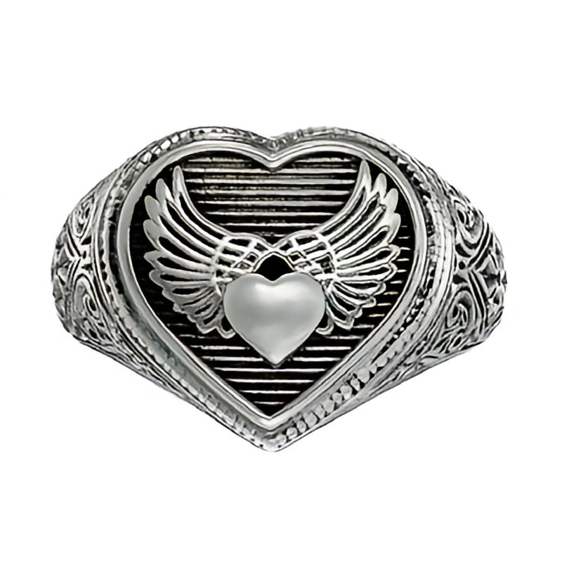 Winged Heart Ring - Sterling Silver - Heart-Shaped Signet Ring