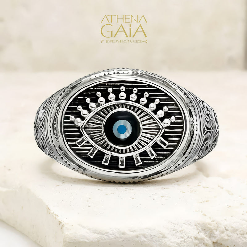 Evil Eye Oval Ring - Sterling Silver - Signet Ring