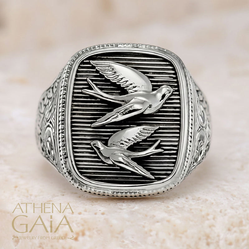 Twin Swallows Tailsman Ring - Sterling Silver - Signet Ring