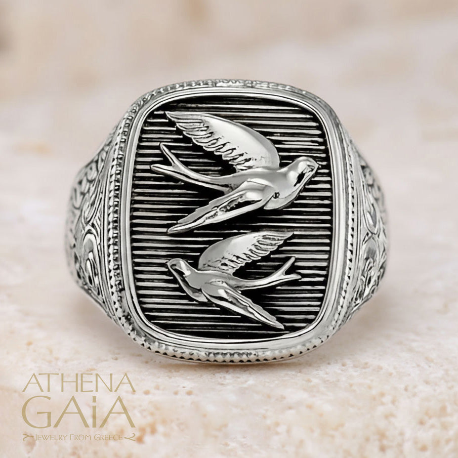 Twin Swallows Talisman Wide Band Ring - Sterling Silver - Signet Ring
