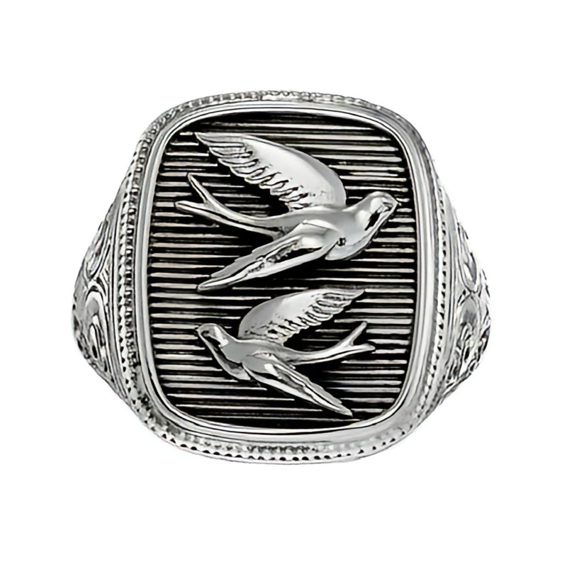 Twin Swallows Ring - Sterling Silver - Signet Ring