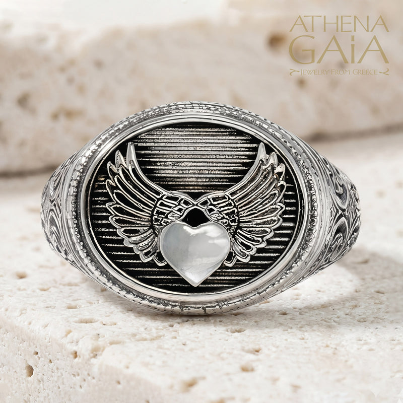 Winged Heart Oval Talisman Ring - Sterling Silver - Signet Ring