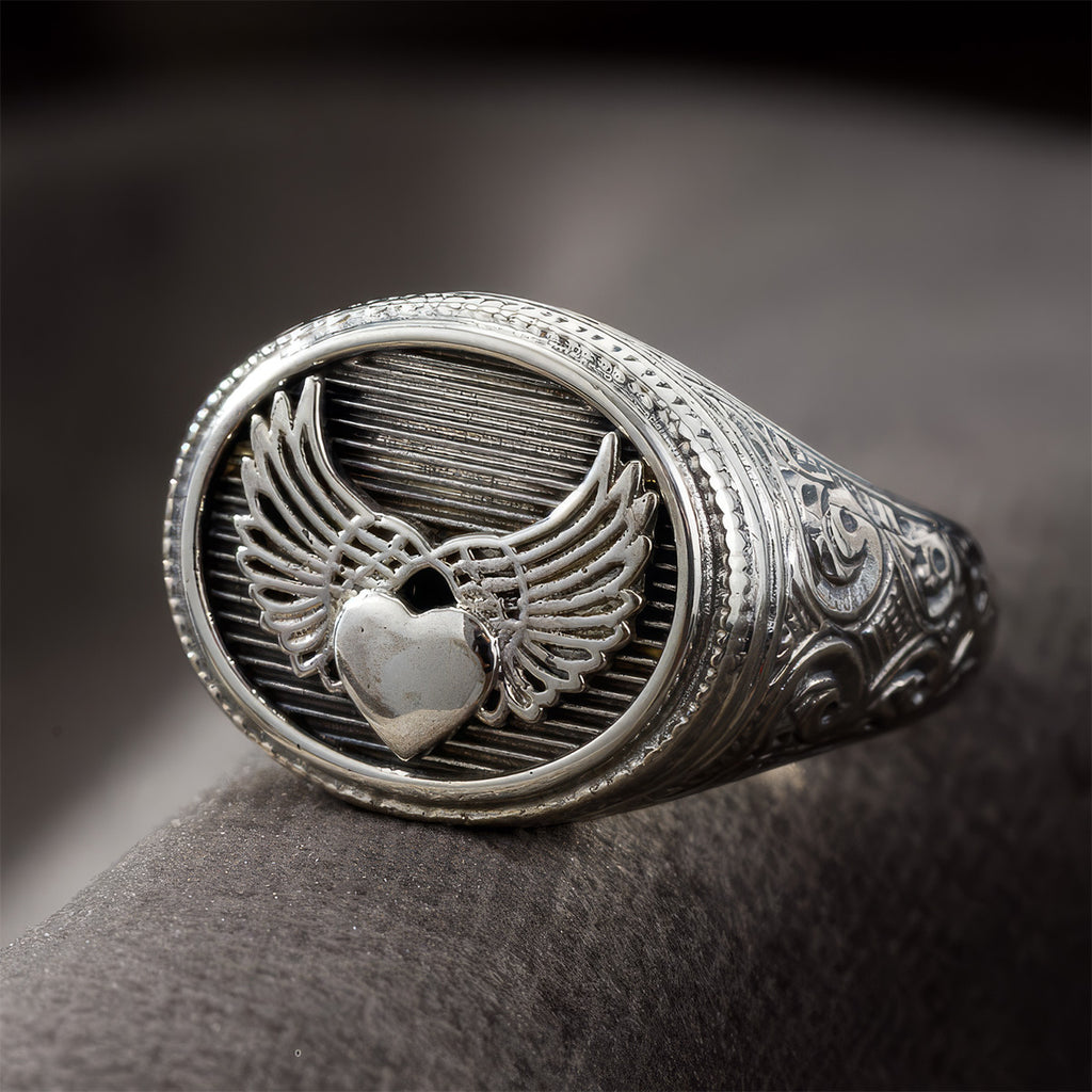 Winged Heart Oval Talisman Ring - Sterling Silver - Signet Ring