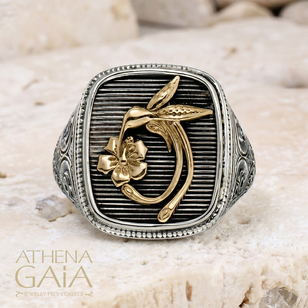 Hummingbird Talisman Wide Band Ring - 18k Gold & Sterling Silver - Signet Ring