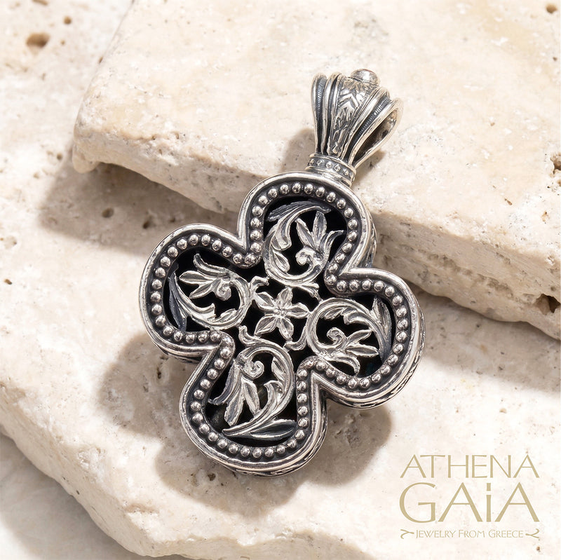 Floral Expanding Greek Cross - Sterling Silver - Orthodox Cross Necklace