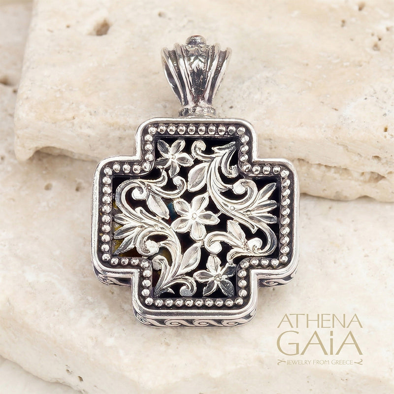Floral Squared Greek Cross - Sterling Silver - Orthodox Cross Necklace