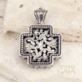 Floral Squared Greek Cross - Sterling Silver - Orthodox Cross Necklace