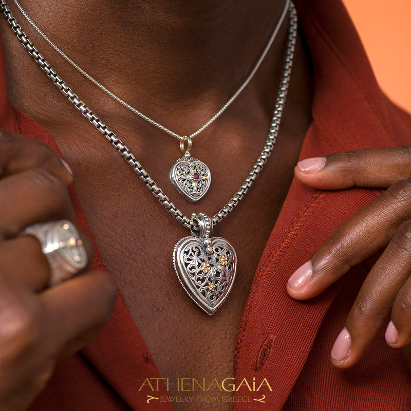 Garden Shadows Heart Pendant - 18k Gold & Sterling Silver - Gold Flower Pendant