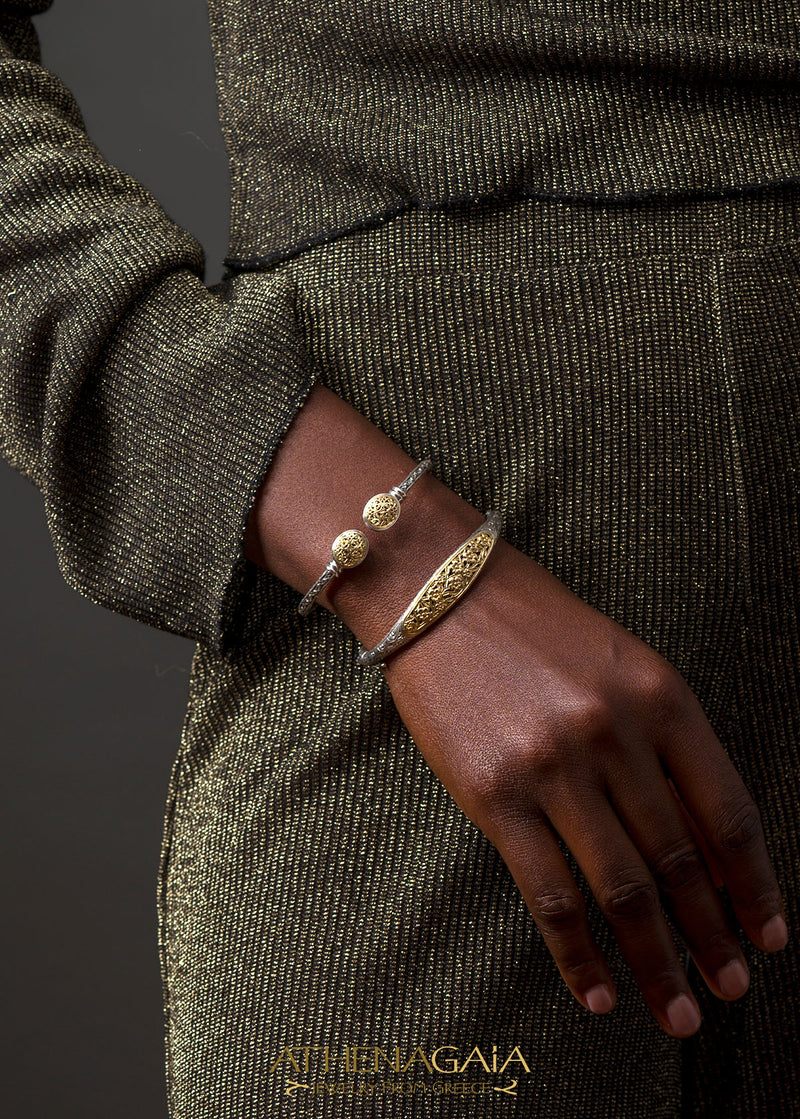 Mediterranean Oval Face Bracelet - 18k Gold and Sterling Silver - Hinged Bangle Bracelet