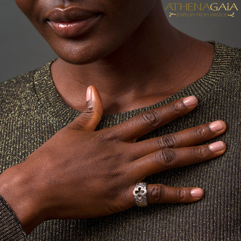 Odysseus Open Crosses Ring - 18k Gold & Sterling Silver Ring - Cigar Band Ring