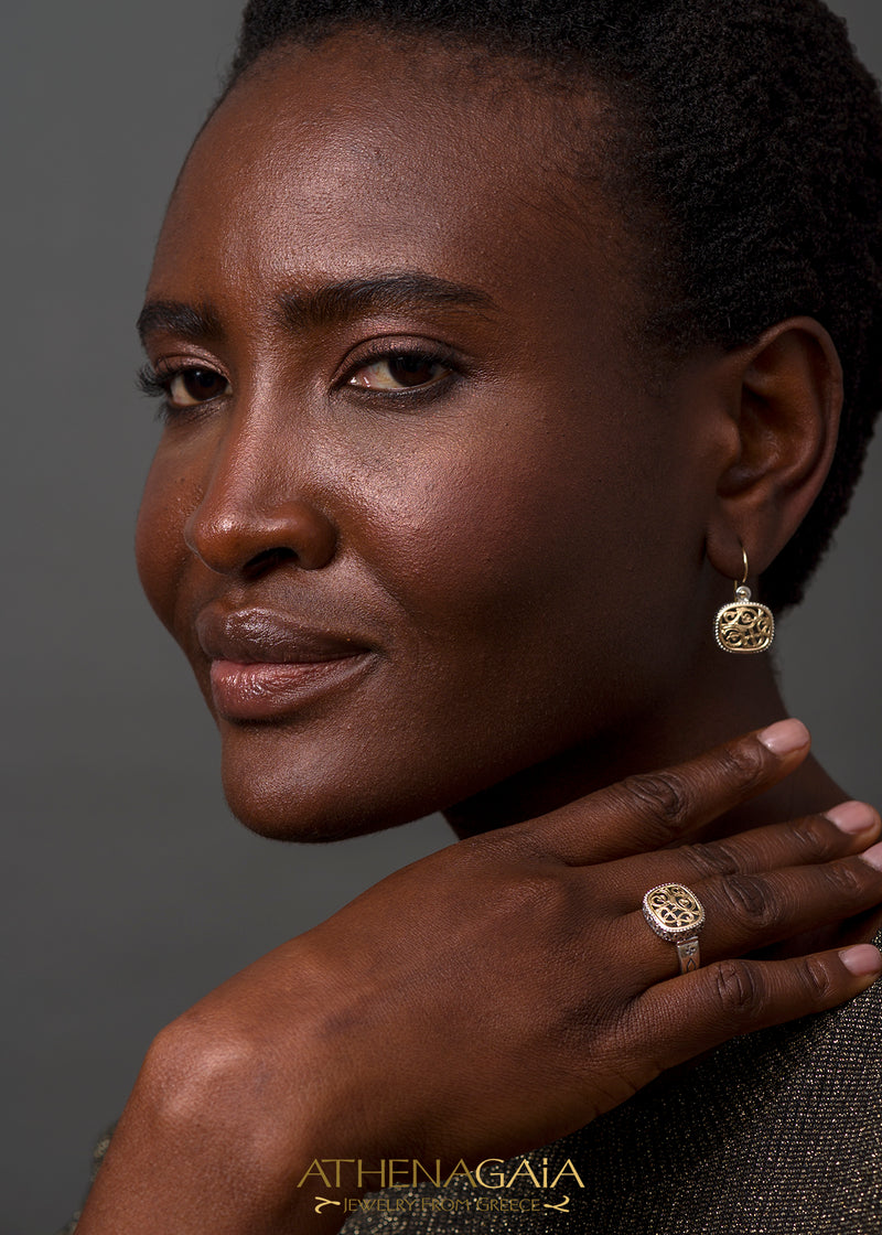 Garden Shadows Cushion Ring - 18k Gold & Sterling Silver Ring - Signet Ring