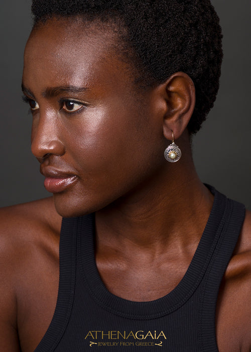 Mediterranean Round 18k Gold and Silver Earrings with Stone