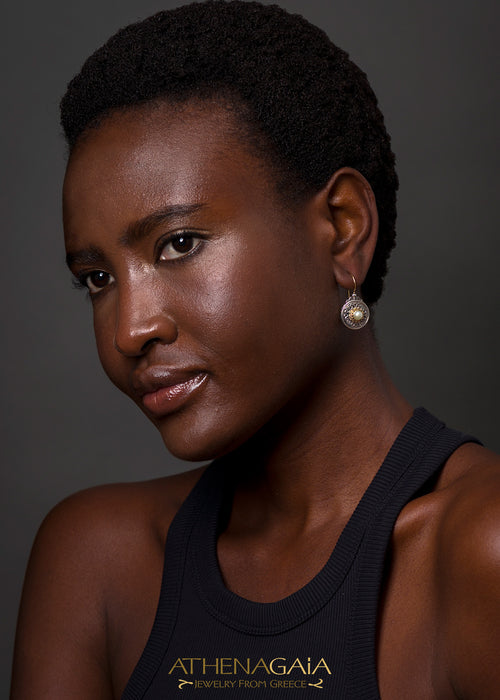 Mediterranean Round 18k Gold and Silver Earrings with Stone