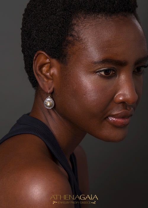 Mediterranean Round 18k Gold and Silver Earrings with Stone