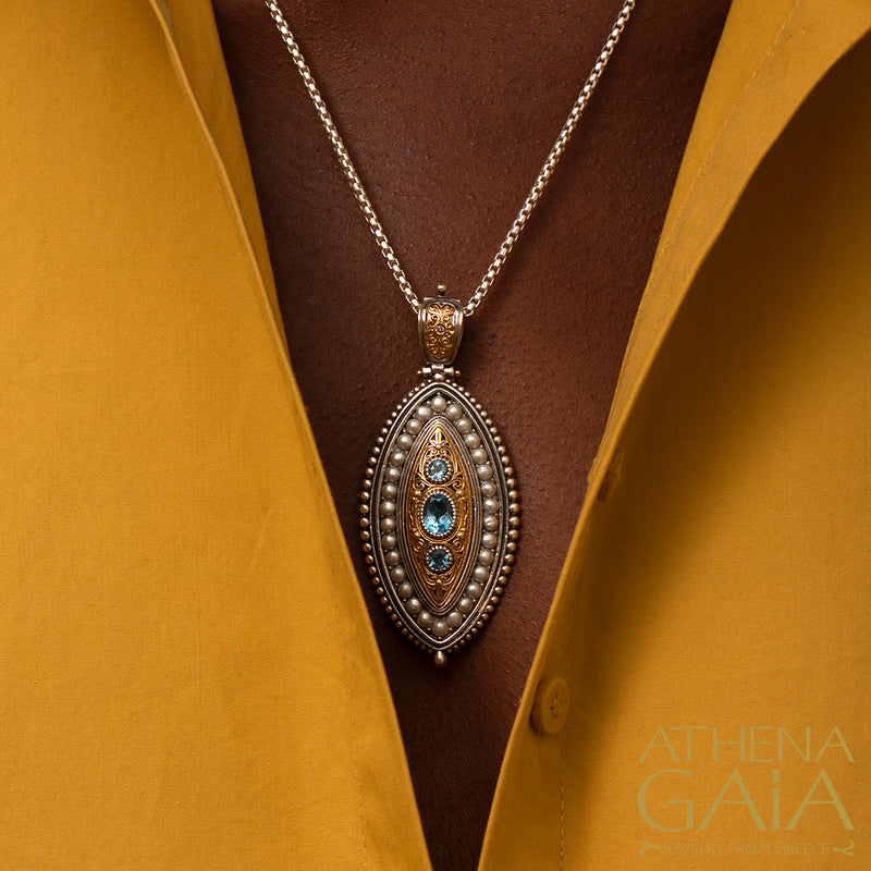 Thalassia Ellipse Pearl Framed Pendant - 18k Gold & Sterling Silver Pendant