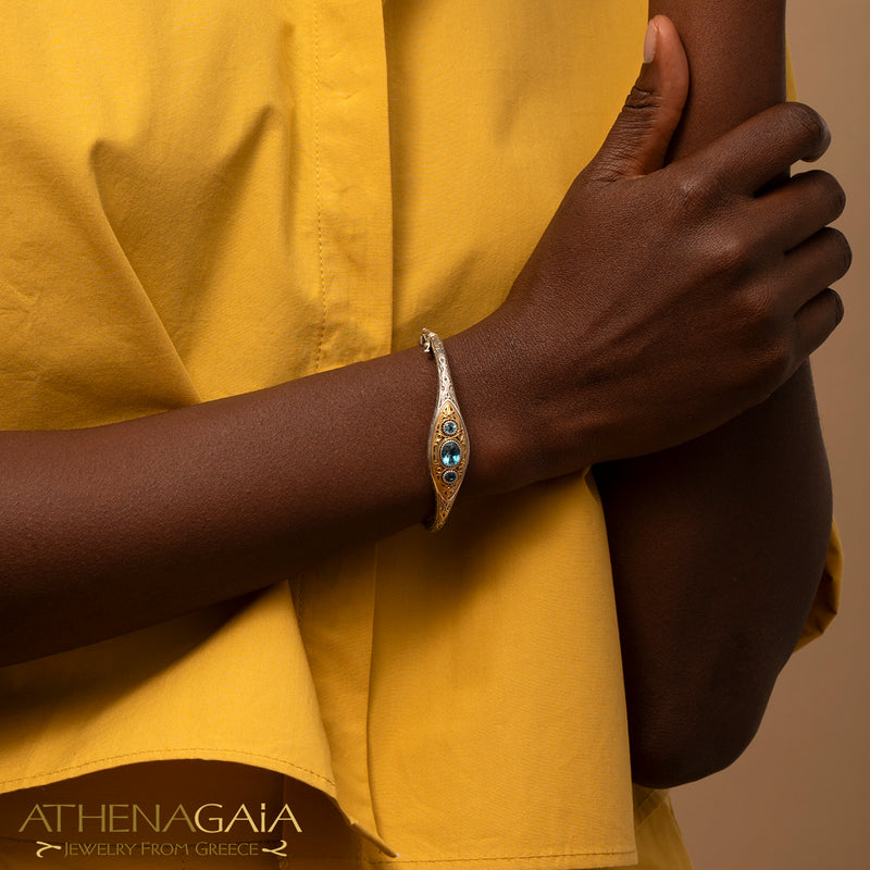 Thalassia Ellipse Bracelet - 18k Gold and Sterling Silver - Hinged Bangle Bracelet