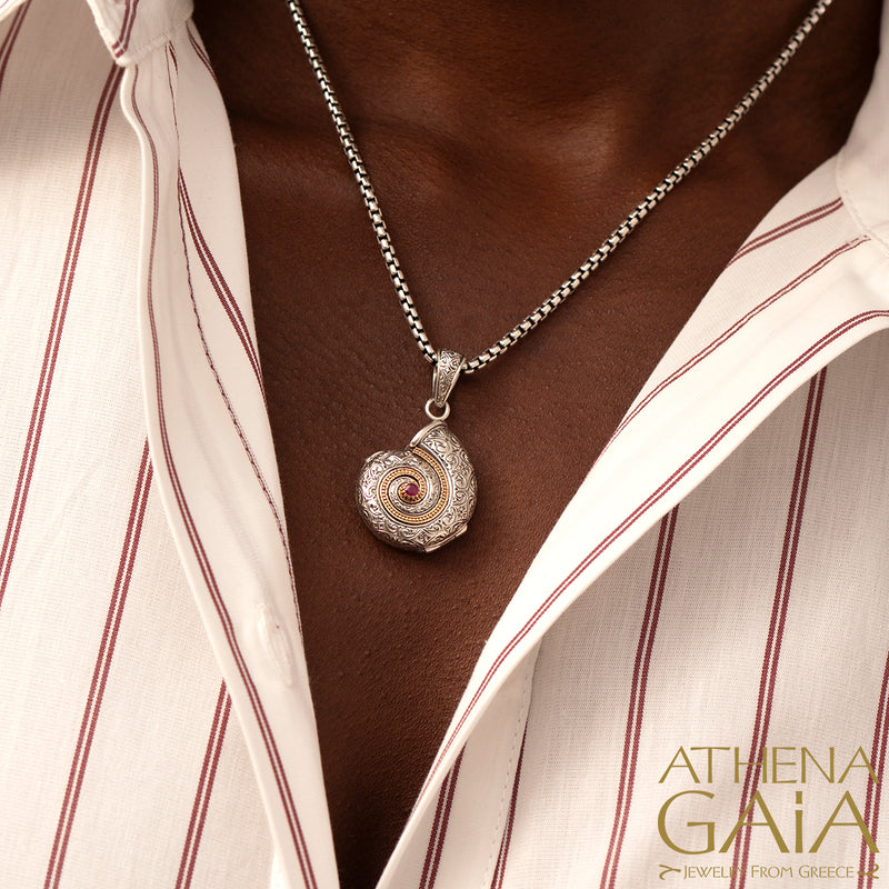 Thalassa Sea Snail with Stone Locket Pendant - 18k Gold & Sterling Silver Pendant